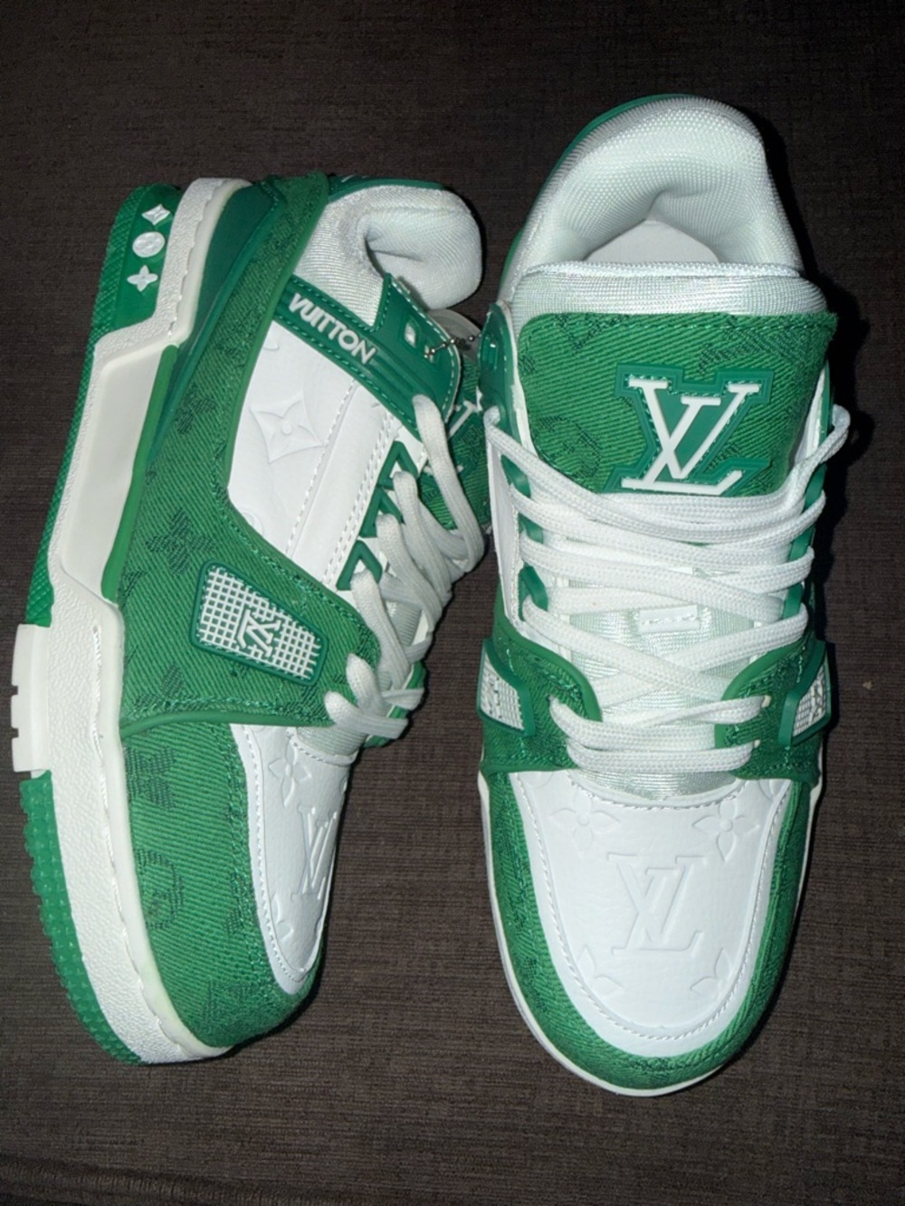 Louis Vuitton Green and White Monogram Low-Top Sneakers — LV Logo
